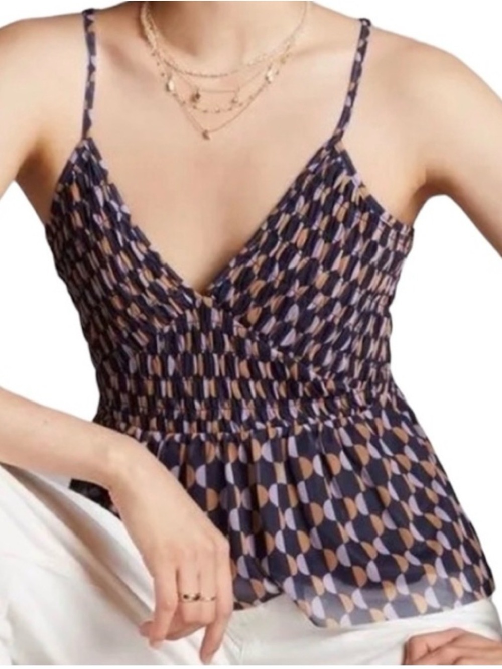 Anthropologie | Navy V-Neck Geometric Textured Tank | Sz XS